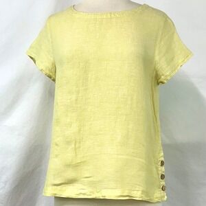 CYNTHIA ROWLEY Yellow 100% Linen Short Sleeve Button Top S Relaxed Boxy Coastal